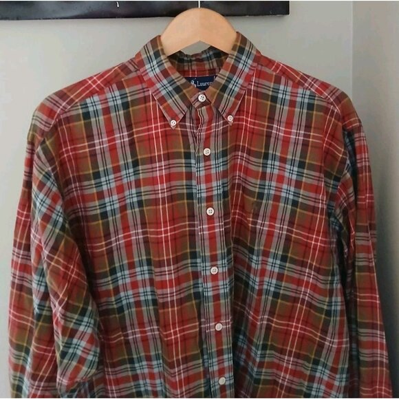 Ralph Lauren Cotton Button Down Shirt Size Large Red Green Plaid Holiday Work - Picture 2 of 8